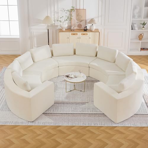 WUTUTUEE 145 Curved Round Boneless Couch, Oversized U Shaped Sofa with Deep Seat & Arms, Chenille Modular Sectional Sofa with Pillows, Upholstered Comfy 10 Seat Couch for Living Room, White