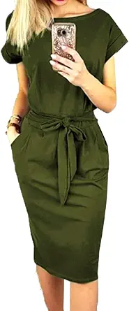 Miselon Womens Summer Tshirt Dress Striped Short Sleeve Work Tie Waist Dresses with Pockets