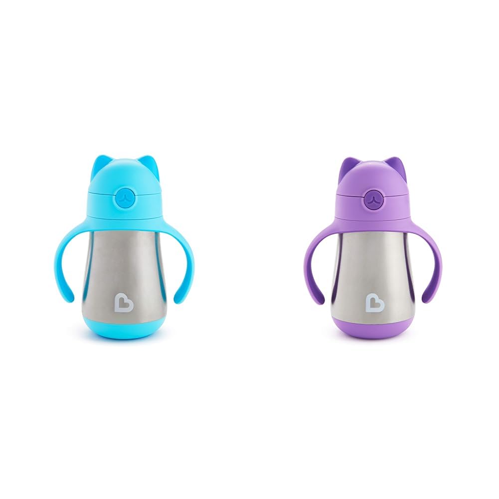 Munchkin Cool Cat Toddler 8 Ounce Stainless Steel Sippy Cups with Straw, Blue and Purple