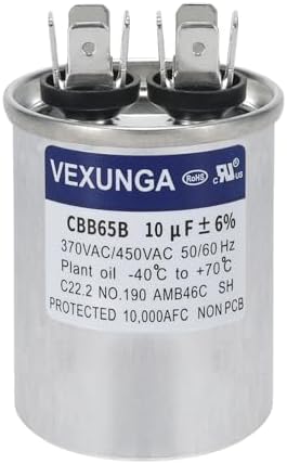 VEXUNGA 10uF 10 MFD 370VAC 440VAC 450VAC 50/60Hz CBB65B Round Run Start Capacitor for AC Unit Fan Motor Start or Pool Pump or Air Condenser Straight Cool