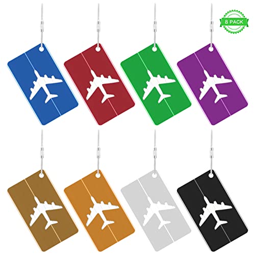 8 PCS Luggage Tags Metal Suitcase Tag with Name Address Tel Email Labels Anti-Rust Aluminium Baggage Handbag Tags Waterproof Travel Luggage Id Tag Prevent Loss for Travel Business Trip(8 Colors)