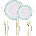 Nervure 25 Guest Mint Gold Plastic Plates with Gold Silverware,Disposable Cups-Include 25 Dinner Plates, 25 Dessert Plates, 25 Forks, 25 Knives, 25 Spoons & 10 oz Plastic Cups