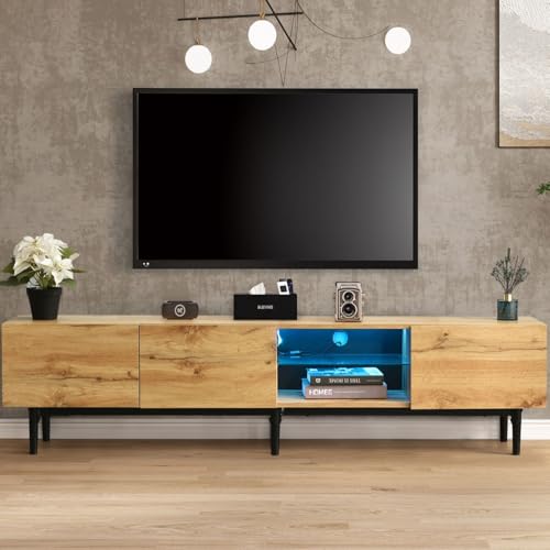 BTM Meuble TV 180cm, LED Couleur Réglable, Meuble TV Bois avec Portes et Compartiment, pour Salon, Moderne Salle à Manger, Chambre, Noir & Bois