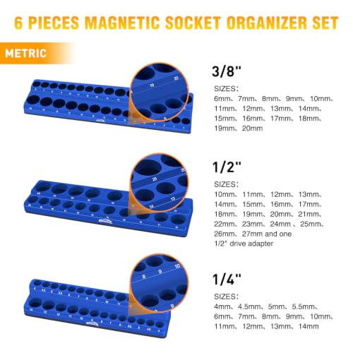 Image of GOOACC 6 PCS Magnetic Socket Organizer, Heavy Duty Socket Organizer Tray 1 /4 inch 3 /8 inch 1 /2 inch SAE & Metric Drive Sockets Holds 143, Magnetic Socket Holder for Tool Box Drawer Chest Garage Storage, Blue&Red