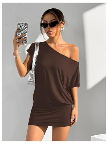 Image of SOLY HUX Women's Off The Shoulder Mini Dress Going Out Asymmetrical Neck Short Sleeve Casual Bodycon T Shirt Dresses
