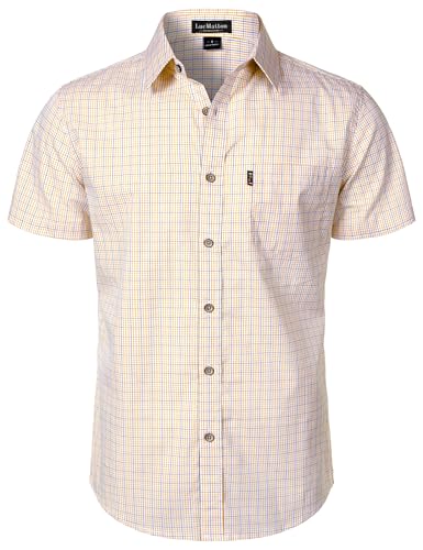 LucMatton Men's Gingham Short Sleeve Button Down Shirt Cotton Regular Fit Plaid Dress Shirts with Pocket Yellow X-Large