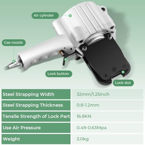 Portable Pneumatic Steel Strapping Machine, 3-in-1 Tensioner Cutter Sealer Tool Kit, Heavy-Duty Metal Banding Set for Efficient Bundling, Packaging