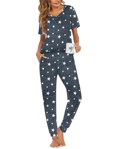 Ekouaer Pajamas for Women Set 2 Piece Lounge Set Short Sleeve Pjs Joggers Long Pants Sleepwear with...