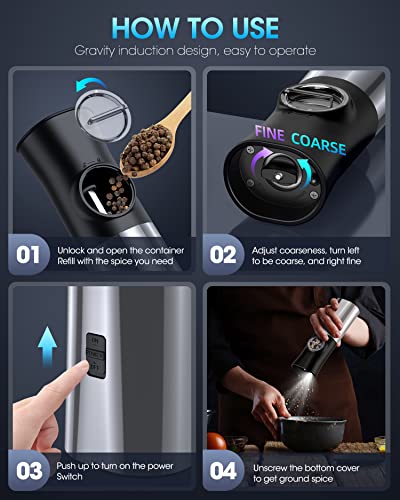 Gravity-Electric-Salt-And-Pepper-Grinder-Set - 𝐔𝐩𝐠𝐫𝐚𝐝𝐞𝐝 Large Capacity - Usb Rechargeable Automatic Pepper Mill Grinder - Adjustable Coarseness - One Hand Operated - Stainless Steel, Led Light #TOP7