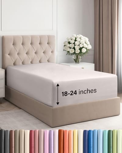 Image of Extra Deep Twin Fitted Sheet - Single Fitted Sheet Only - Light Grey | Easily Fits 18 inch to 24 inch Mattress, Soft, Wrinkle Free, Breathable & Comfy, Extra Deep Pockets Hotel Luxury Fitted Sheet