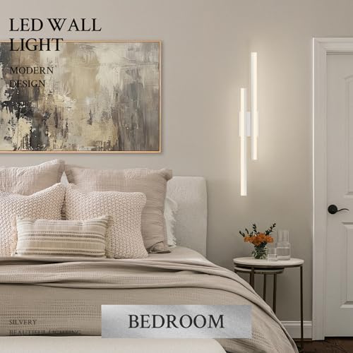 Image of LED Wall Sconce Silver Modern Remote Wall Light Fixtures for Living Room, Dimmable LED Vanity Light Indoor Remote Wall Sconce for Bedside Bedroom Bathroom Dining Room, L31.5inch 1 Pack