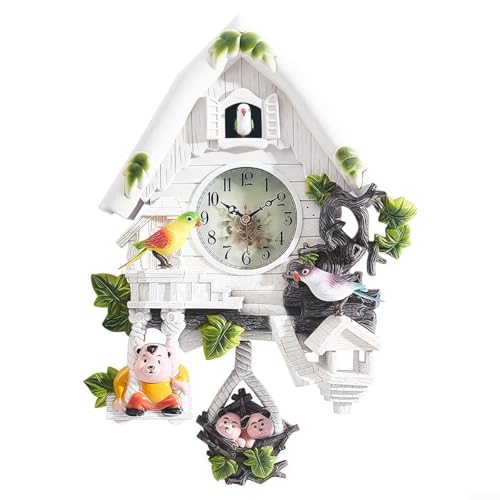 Reloj de pared moderno de cuco con péndulo, diseño de casa, funciona con pilas, reloj decorativo para sala de estar, dormitorio, oficina, 40 x 27 x 9 cm (blanco)