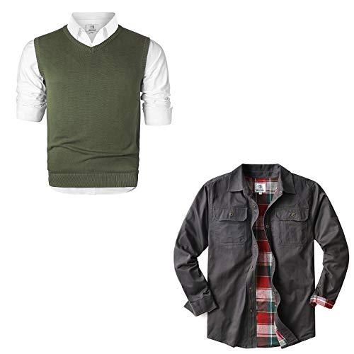 MOCOTONO Men's V-Neck Sweater Vest Green Small | Men's Flannel Lined Shirt Jacket Dark Grey Small (Bundle)