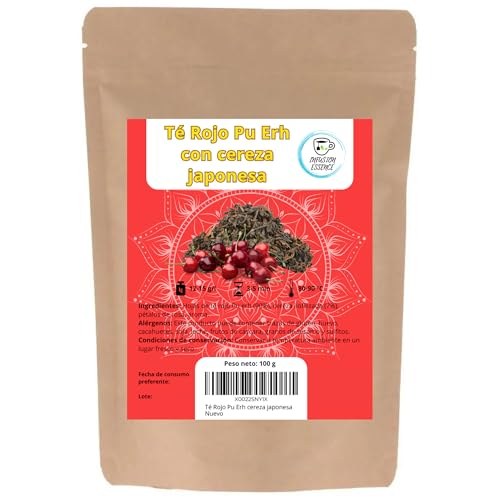 Té Rojo Pu Erh con Cerez Japonesa I Té Antioxidante, Té Energético y Té Digestivo I Pu Erh natural I Té rojo a granel en Hojas Sueltas (50 tazas) 100 g (Cereza japonesa)