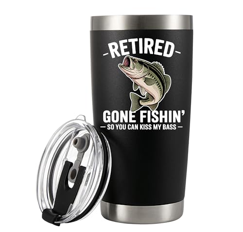 Retired Gone Fishin' So You Can Kiss My Bass Fishing Fisherman Gifts For Retired Grandpa Dad Uncle Retirement Gift Vacuum Insulated Stainless Steel Tumbler with Removable Lid and Straw 20 oz Black