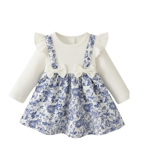 Image of A.T.U.N. (ALL THINGS UBER NICE) Baby Girls Poly Silk Printed Dress with Bow Strap Detailing & Ruffle Sleeve Design | Soft Feel Long Sleeve Party Frock | Elegant Winter Occasion Dress for Kids