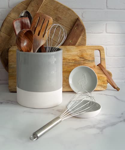 Utensil Holder – Crock - Caddy - Extra Large Ceramic Organizer For Kitchen Countertop - Modern Or Rustic Farmhouse Decor - Gray & Natural White - Jar Holds All Spatulas, Spoons & Tools #TOP1