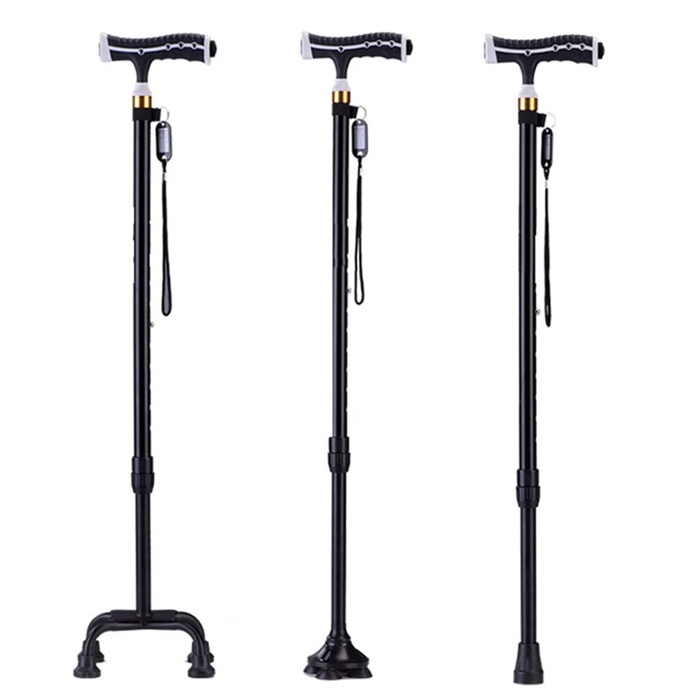 Bastón para Mujer Hombre, Bastón De 220 Libras Muletas Telescópicas con Luz Led, Bastón Independiente Portátil, Altura Ajustable (Color : Black, Size : One Foot)
