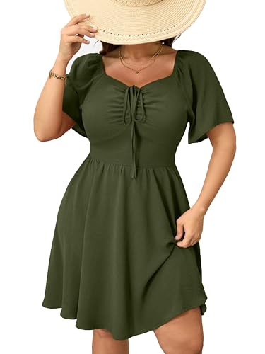 Image of RWJ Women Plus Size Summer Dress Short Sleeve Tie Front Sweetheart Neck Casual Mini Wedding Guest Dresses 2025