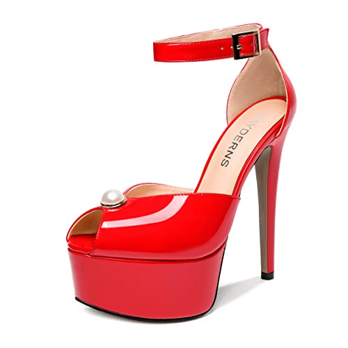 WAYDERNS Womens Platform Wedding Patent Dress Peep Toe Ankle Strap Buckle Stiletto High Heel Pumps Shoes 6 Inch