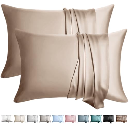 Image of 100% Silk Pillow Cases 2 Pack King Size Mulberry Silk Pillowcase for Hair and Skin Set of 2 Highest Grade 6A Silk Soft Breathable Cooling with Hidden Zipper, Taupe