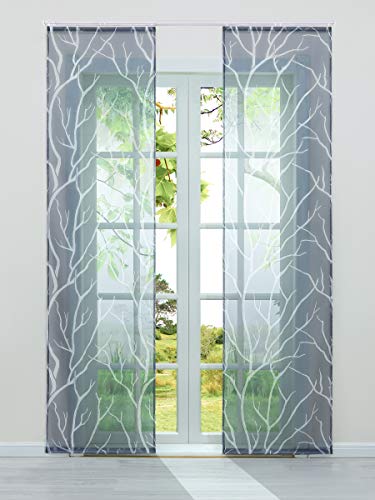 HeichkelL 2er Set Transparente Schiebegardinen Voile Flächenvorhang Druckmuster Raumtrenner mit Klettband Zubehör Klettband und Beschwerungsstange HöhexBreite 225x57 cm Grau