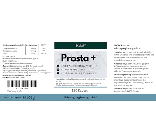 EXVital® Prosta+, 180 vegane Kapseln, hochdosiert mit Sägepalmenextrakt (600mg), Kürbiskernextrakt (400mg) & Zink, laborgeprüft
