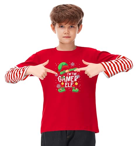 Image of Remimi Unisex Kids Christmas Long Sleeve Shirt Xmas Print Stripe Shirts 2-12 Years