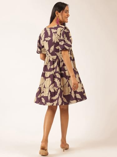 Image of Vbuyz Women's Floral Print Flared Cotton Beige Stitched Dress