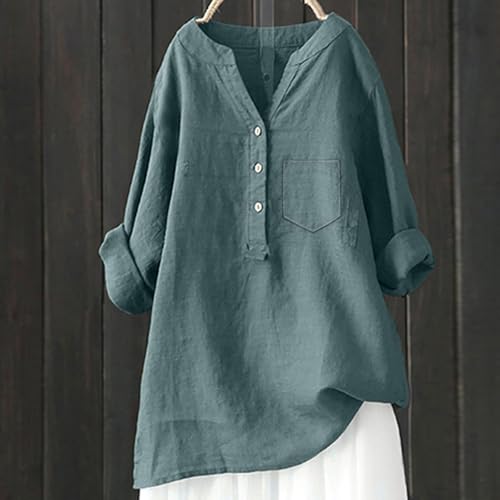 Linen Shirts for Women 3/4 Sleeve V Neck Blouses Buttons Plus Size Loose Fit T-Shirts Solid Color Summer Holiday Tops2