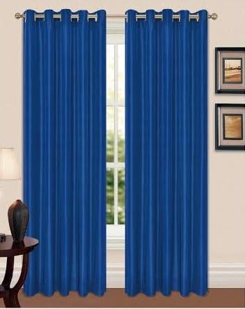 FAUX SILK, FULLY LINED, EYELET, RING TOP CURTAINS WITH TIE BACKS (66x90, Blue)