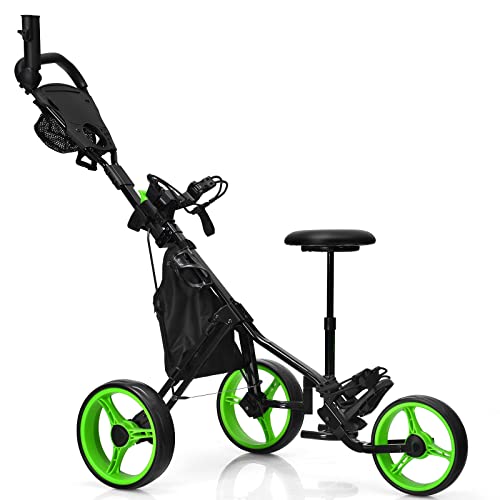 Renatone Golf Push Cart W/Seat, 3 Wheels Foldable Golf Caddy Cart W/Adjustable Umbrella Holder, Storage Bag, Cup Holder, 4 Height Position Handle, Lightweight Golf Trolley For Club (Green) #TOP7