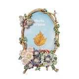 Cornice portafoto ovale da 10 x 15 cm, cornice vintage con vetro ad alta definizione, porta foto decorativo in metallo con design floreale rustico per esposizione da tavolo