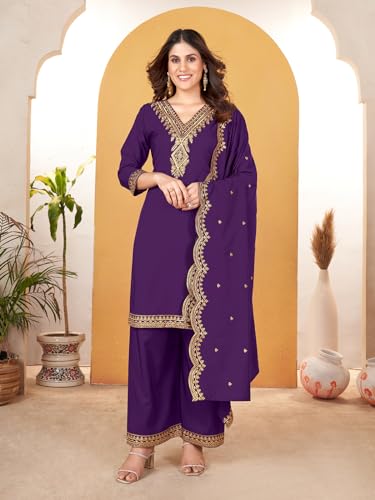 Image of Pratham Blue Kurta Set for Women Silk Embroidered Straight Kurta Set for Women with Palazzos and Dupatta