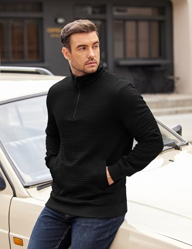 COOFANDY Mens Quarter Zip Pullover Long Sleeve Quilted Sweatshirt Casual Waffle Sweaters Polo with Pocket2