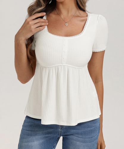 Image of Belle Poque Women's Summer Cute Tops Short Sleeve Babydoll Peplum Top 2026 Square Neck Casual Shirts Teen Top Tee