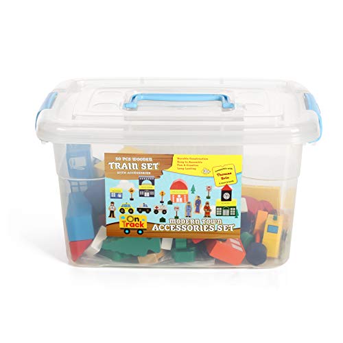 On Track USA Wooden Train Set Accessories, Modern City Town 50 Piece Train Track and Railroad Accessories Set, Comes in A Clear Container, for Kids Boys and Girls, Compatible with All Major Brands - Thumbnail 6