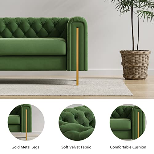 Image of Dolonm Modern Velvet Sofa for Living Room, 84 Inches Long Tufted Couch Upholstered Sofa with 2 Pillows High Arm and Metal Legs Decor Furniture for Bedroom, Office (Turquoise)