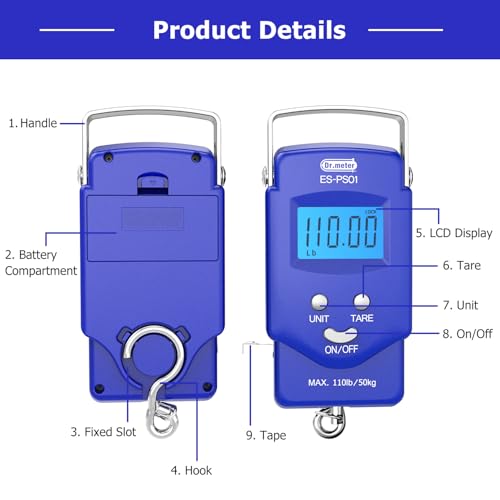 image for Dr.meter Fish scale, Backlit LCD Display 110lb/50kg PS01 Fishing Scale
