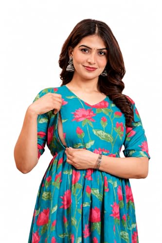 Image of THE Moon Star Women's Cotton Floral Printed Anarkali Maternity Feeding Kurti | Breastfeeding Dress for Mothers | Zipper Feeding Kurti, Nursing Kurti, Comfortable and Trendy Maternity Wear