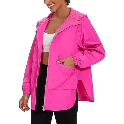 PESION Womens Waterproof Raincoat Lightweight Rain Jacket Trench Coat Hooded Windbreaker With Pockets for Outdoor Hot Pink Small