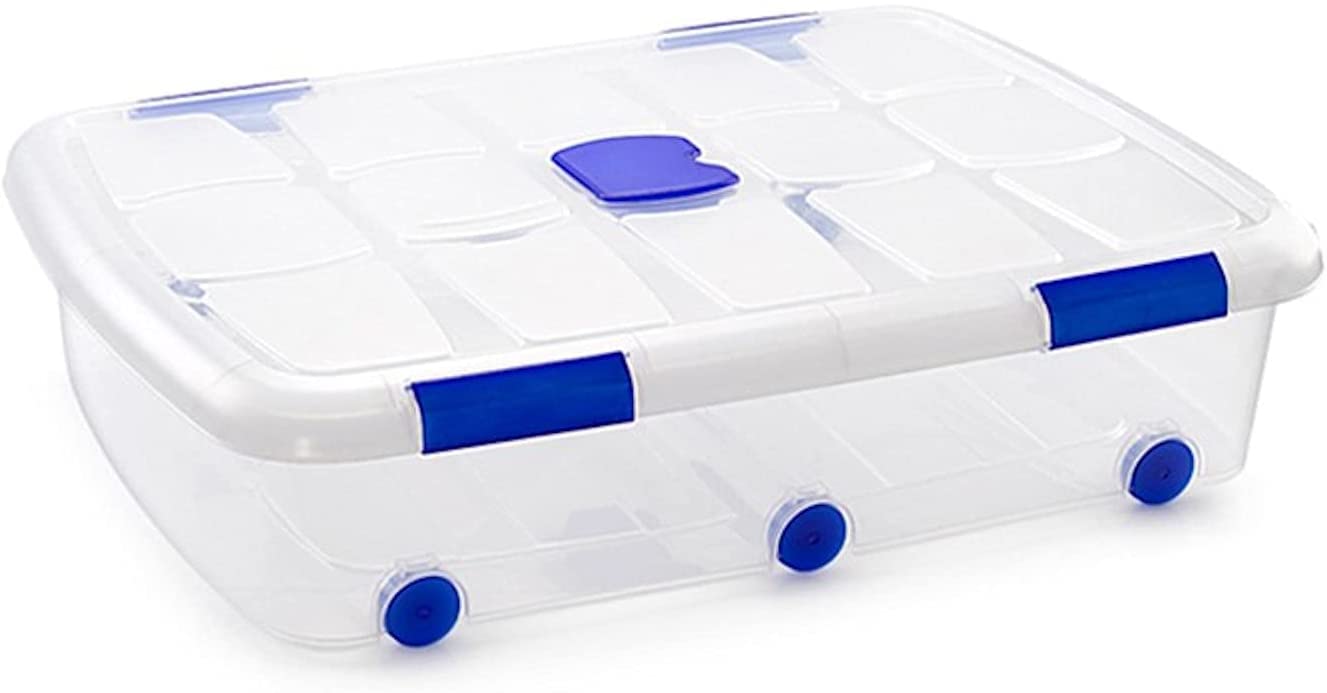 AC Caja de plástico Transparente de 18 x 80 x 60 cm, con Capacidad de 56 litros, Contenedor de plástico para Almacenamiento con Tapa y Ruedas válida para Interior y Exterior.