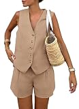 PRETTYGARDEN Two Piece Outfits For Women Summer Button Up V Neck Vest Waistcoat and Pockets Shorts Chic Casual Matching Sets (Khaki,Small)
