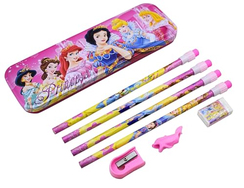 Image of Kidox Stationery Set for Kids- Birthday Gift for Girls, Boys - Metal Geometry Box for Girls & Boys Kids Pencil Box Set, Pencil Case Set, Pencil, Erasers, Sharpener for Children-Pink-Princess