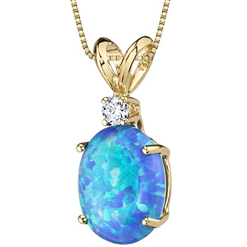 PEORA 14K Yellow Gold Created Blue Opal with Genuine Diamond Pendant, Elegant Solitaire, Oval Shape, 10x8mm, 1 Carat total, October Birthstone Necklace, Fire Opal Necklace, w/Jewelry Box