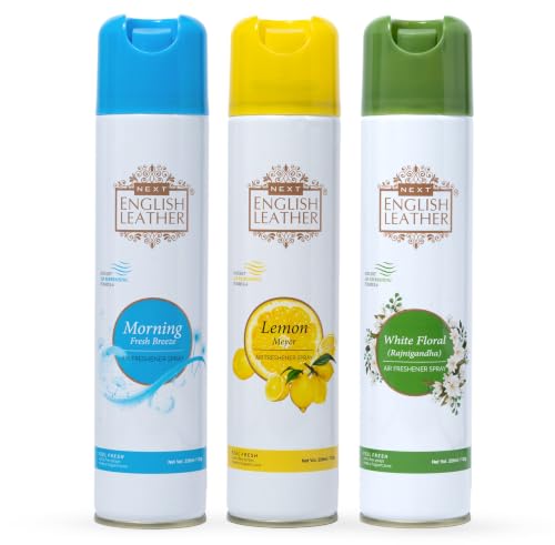 Image of Next Care English Leather Air Freshener Spray 220ml Each | Long Lasting Room Freshener for Home, Office & Car | Odour Eliminator (Morning, Lemon & White Floral)
