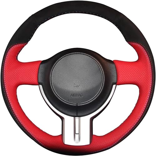 Loncky Black Suede Red Genuine Leather Auto Custom steering wheel covers for 2013 2014 2015 2016 Scion FR-S / 2013-2016 Subaru BRZ / Toyota 86