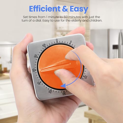 Orange Kitchen Timers for Cooking, Chef Cooking Timer Clock with Loud Alarm,100% Mechanical Desk Timer - No Batteries Required - Magnetic Backing, Exquisite Stainless Steel Body - Countdown Reminder - Image 5