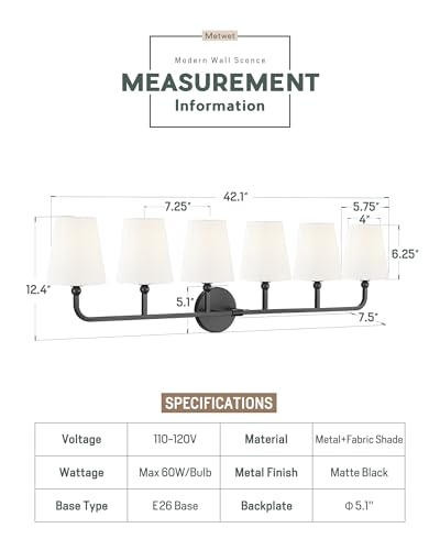 Image of Bathroom Light Fixtures, 42 Inch Matte Black Vanity Lights with Flared White Fabric Shade, 6-Light Wall Sconce, Modern Sconces Wall Lighting for Hallway Bedroom, VL837-MB-6