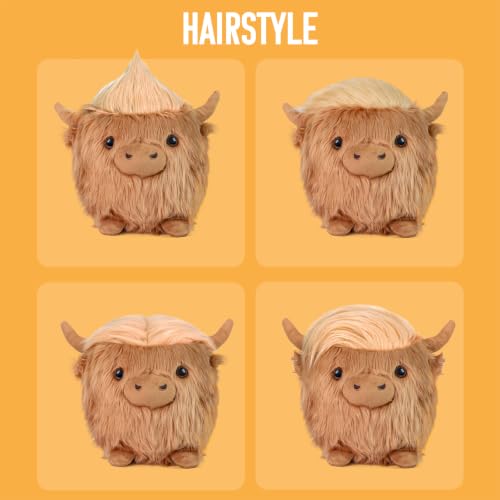 Image of Highland Cow Stuffed Animal, 14 inch Cute Scottish Cow Round Fluffy Pet Doll | Soft Farm Animal Plushie Pillow for Birthday Christmas Valentine's Day Home Decor